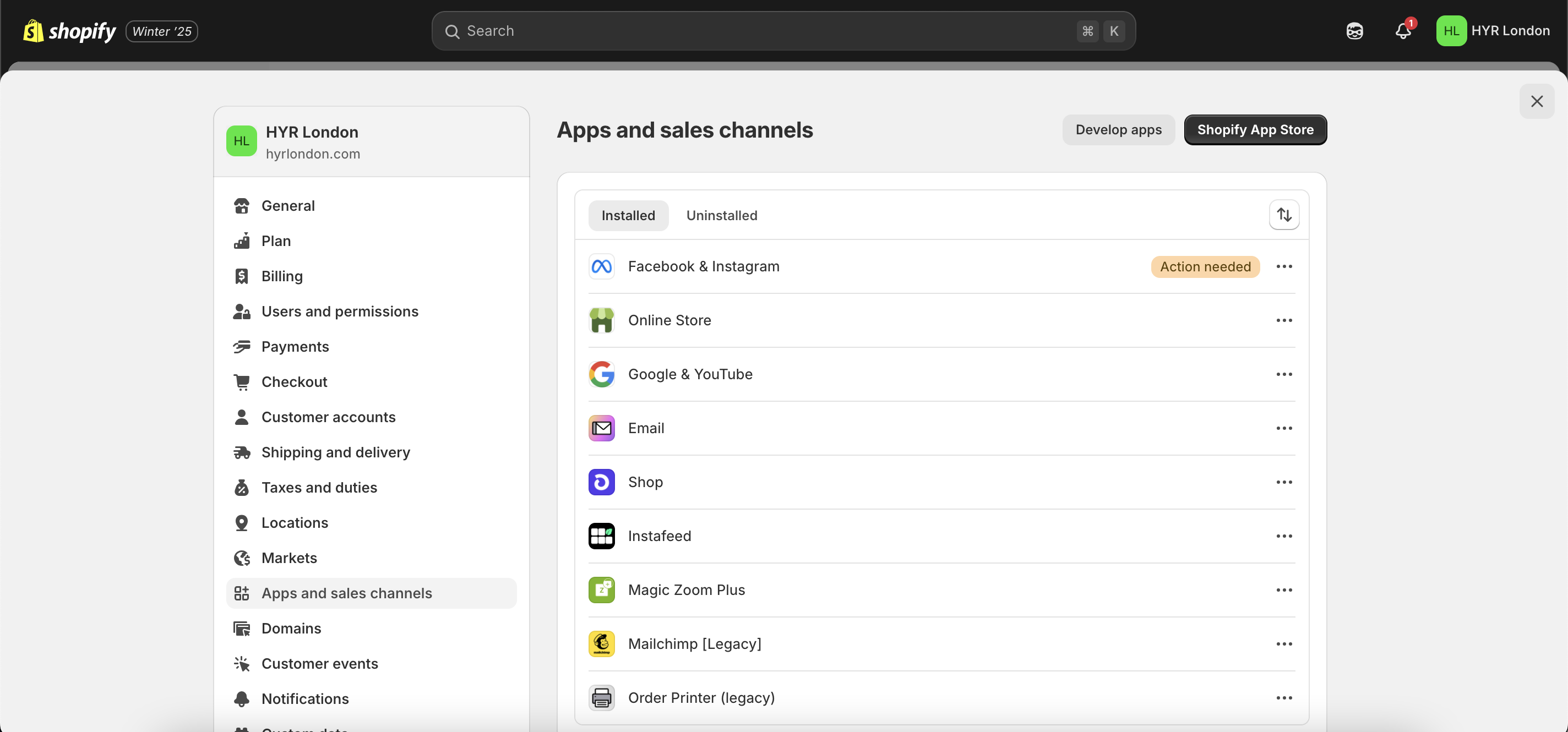 Shopify Settings showing Apps and Sales Channels menu