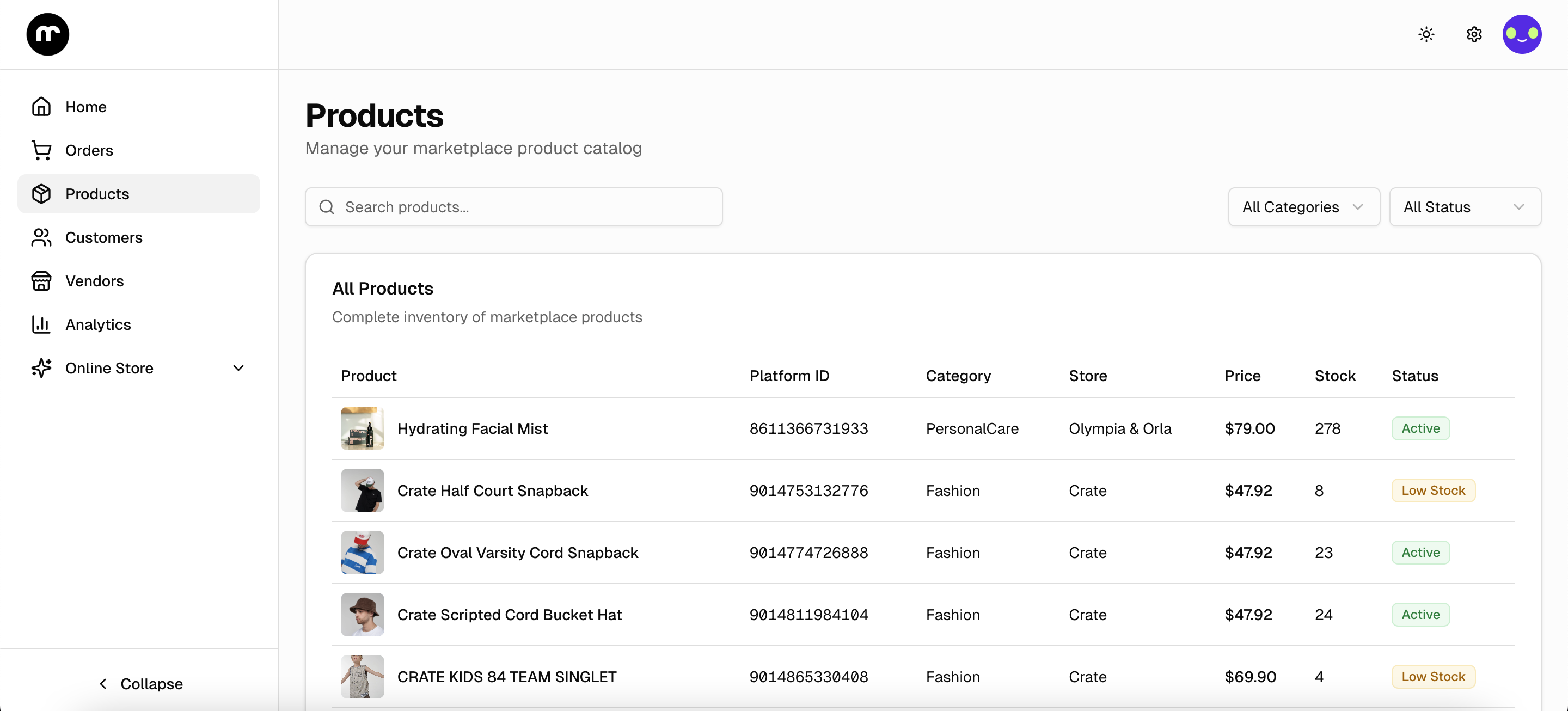 Products management dashboard showing marketplace product catalog