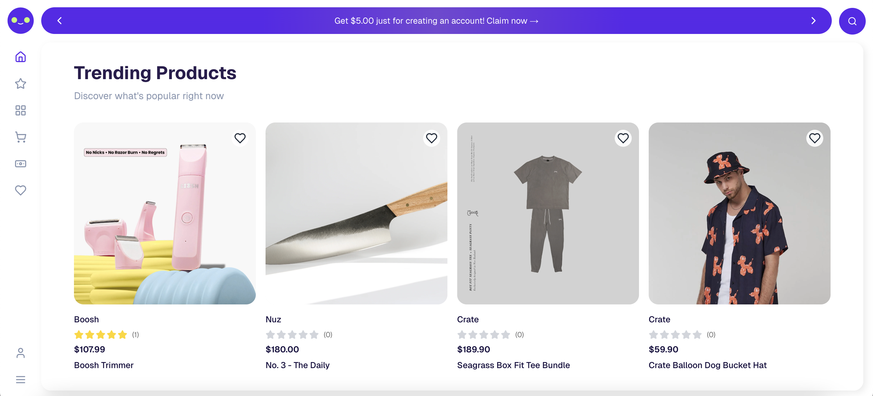 Marketplace theme with sidebar navigation showing trending products
