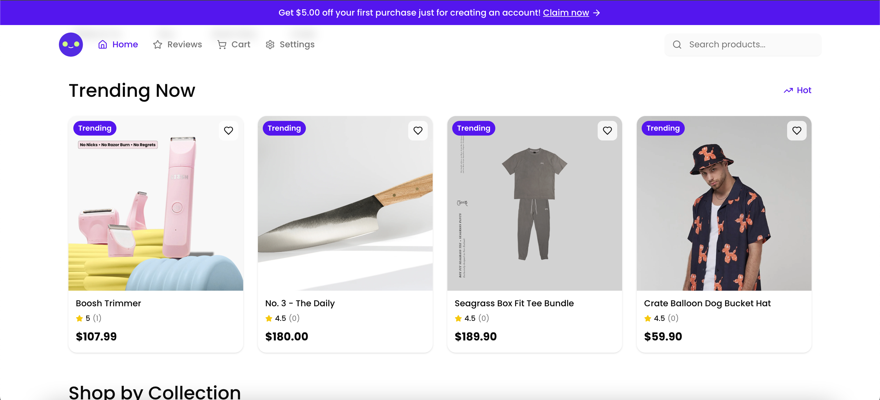 Marketplace theme with top navigation showing trending products